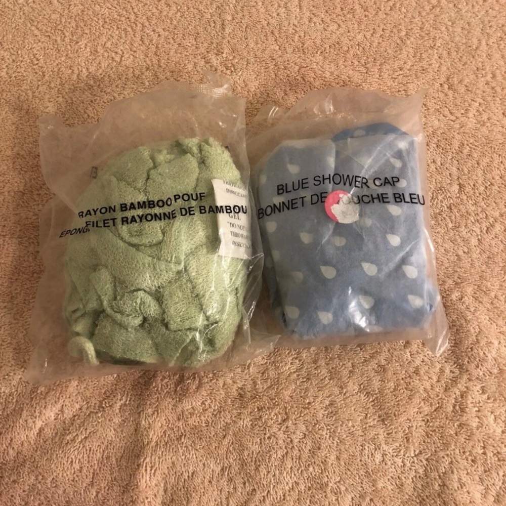 Lot of 2 Avon Gift Bath Items Blue Shower Cap & Bamboo Shower Pouf NIP